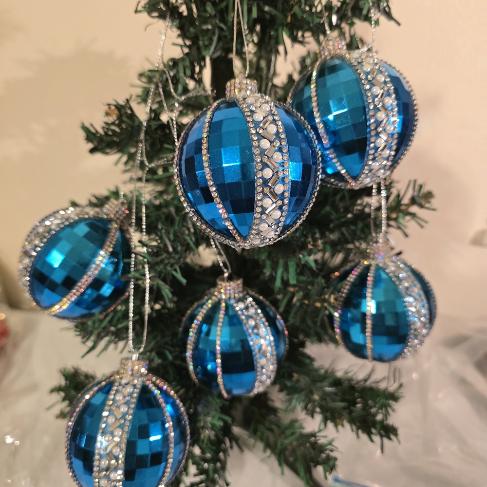 Teal and Silver Holiday Ornaments New 2.5 Inch Handmade Shatterproof